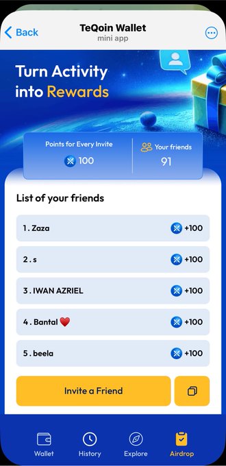 The image shows a TeQoin Wallet mini app screen titled "Turn Activity into Rewards," displaying a referral program where the user has earned 100 points per invite with 91 friends referred, including Zaza, IWAN AZRIEL, Bantal, and beela, each credited with +100 points. This visually represents the post's claim of having referred 91 people to farm $TEQOIN, highlighting the user's active participation in the project's airdrop rewards system ahead of the TGE.