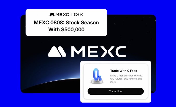 The image promotes MEXC's "0808: Stock Season" event featuring a $500,000 prize pool and a "Trade With 0 Fees" promotion covering Stock Futures, OIL Futures, and SOL Futures, visually reinforcing the post's claim that MEXC has made zero-fee trading a sustained brand pillar rather than a fleeting marketing tactic.