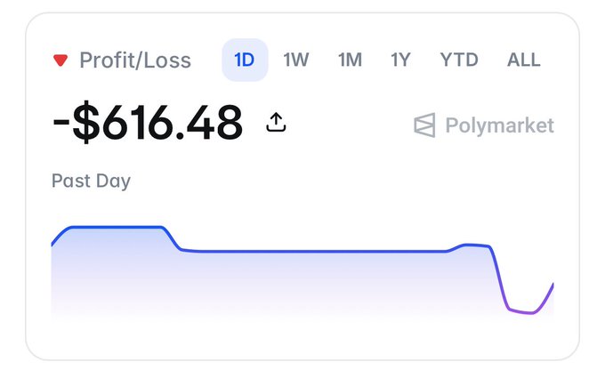 A Profit/Loss dashboard widget showing -$616.48 over the past day on Polymarket, with time range options (1D, 1W, 1M, 1Y, YTD, ALL) and a line chart displaying a sharp recent dip.