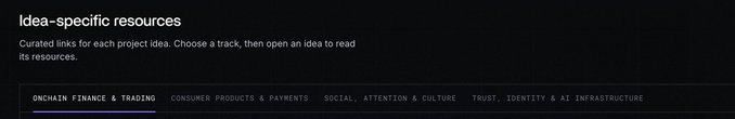 A dark-themed interface section titled 'Idea-specific resources' with the text 'Curated links for each project idea. Choose a track, then open an idea to read its resources' and tabs for 'ONCHAIN FINANCE & TRADING', 'CONSUMER PRODUCTS & PAYMENTS', 'SOCIAL, ATTENTION & CULTURE', and 'TRUST, IDENTITY & AI INFRASTRUCTURE'.