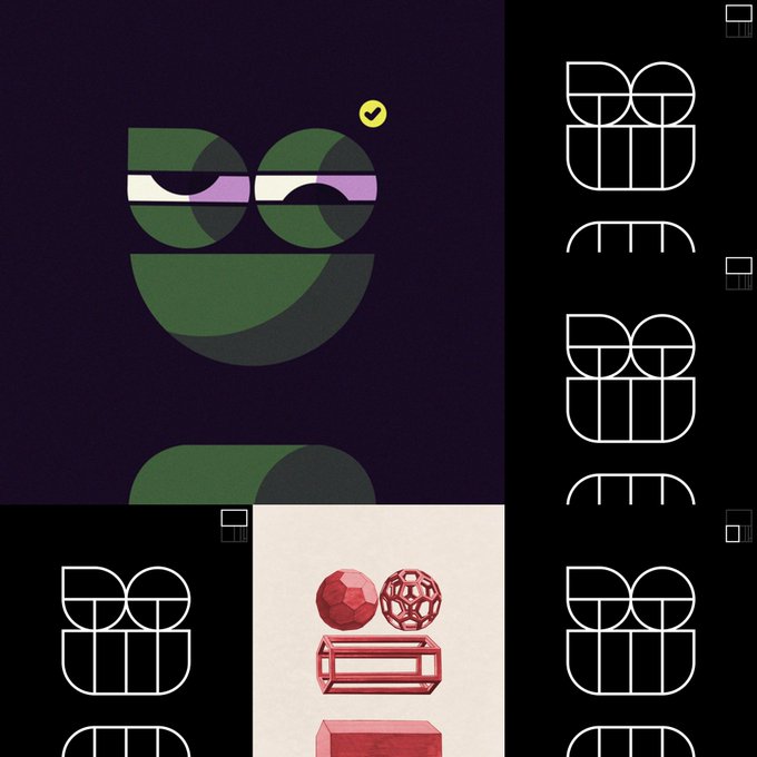 A dark-themed graphic featuring a stylized green smiling face icon with glasses and a checkmark, alongside outlined logo designs and an illustration of red gemstones.