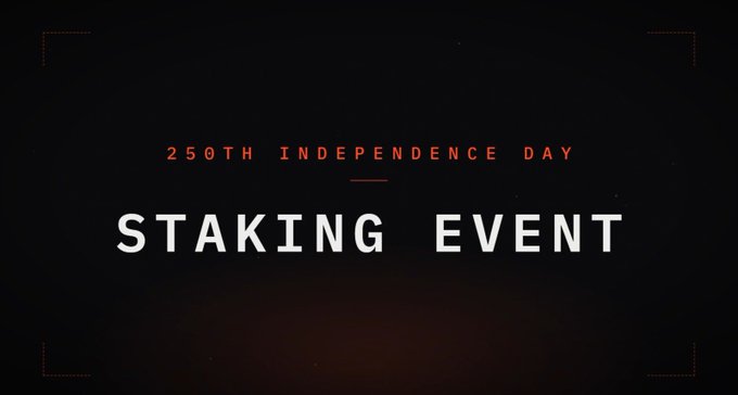 A stark black background with red and white text announcing a '250TH INDEPENDENCE DAY STAKING EVENT'.