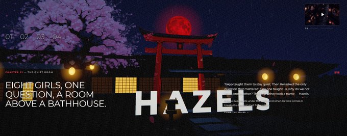 An atmospheric title screen for 'HAZELS' showing a Japanese-style bathhouse under a red moon, with chapter '01 - THE QUIET ROOM' and text 'EIGHT GIRLS, ONE QUESTION, A ROOM ABOVE A BATHHOUSE.'