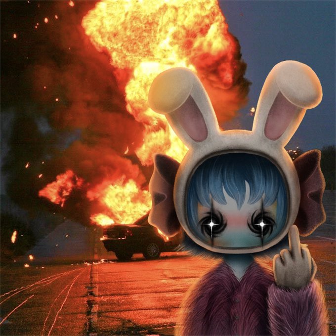 A digitally created character with blue hair and large bunny ears, wearing a fluffy purple top, makes a middle finger gesture while standing in front of a burning vehicle and large explosion.