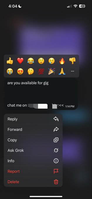 A screenshot of an iPhone Messages conversation at 4:04 with a partially redacted message asking "are you available for gig" followed by "chat me on [redacted]" with an emoji reaction panel open, reflecting the poster's claim of securing a three-figure gig by building relationships through direct messaging in Web3.