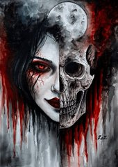 A dramatic painting of a half-skull, half-living face woman with glowing red eyes against a red and black background.