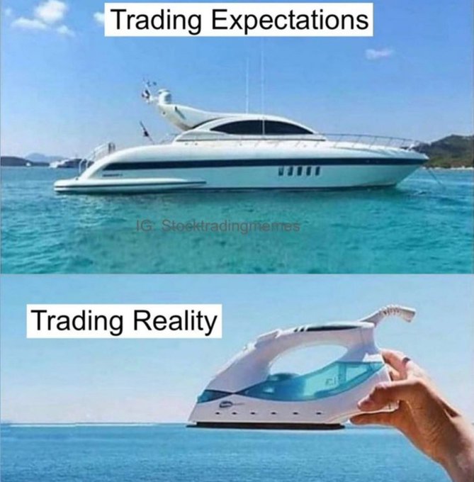A two-panel meme contrasting "Trading Expectations" with a photo of a luxurious yacht, and "Trading Reality" with a miniature toy iron shaped like a boat, highlighting the gap between imagined trading success and actual outcomes. The Instagram handle "@Stocktradingmemes" is visible in the first panel.