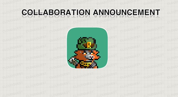 A pixel art fox character wearing a green cap with an "R" logo and a yellow "RH" chain appears on a green app icon background beneath the text "COLLABORATION ANNOUNCEMENT," representing the Cloud Quest and Hood Wolves partnership on Robinhood Chain.
