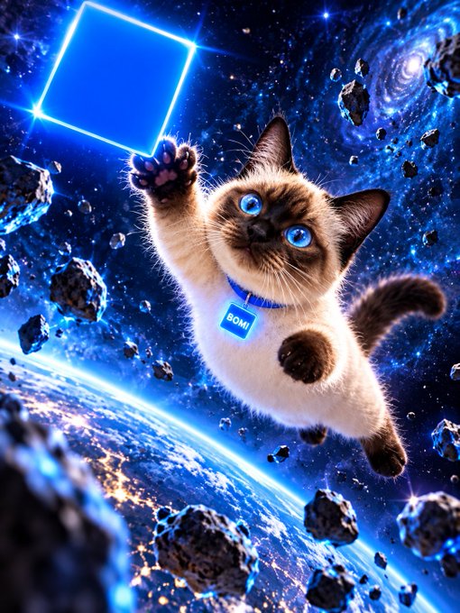 A digital artwork of a Siamese cat with blue eyes floating in space among asteroids and above Earth, reaching toward a glowing blue square, wearing a collar tag labeled 'BOMI'.