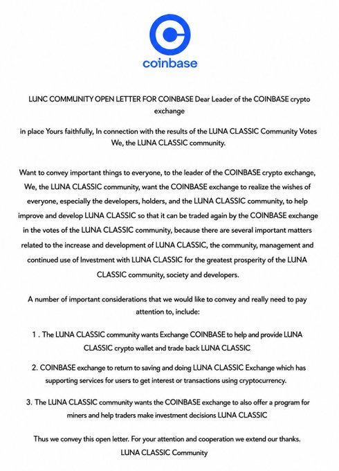 An open letter from the LUNA Classic ($LUNC) community to Coinbase, requesting the exchange help relist and support LUNA Classic trading. The image features the Coinbase logo at the top and outlines three key requests: reactivating LUNC wallet services, restoring staking/earning features, and supporting miners and traders, directly aligning with the accompanying Twitter post's call for Coinbase to listen to the $LUNC community's voice.