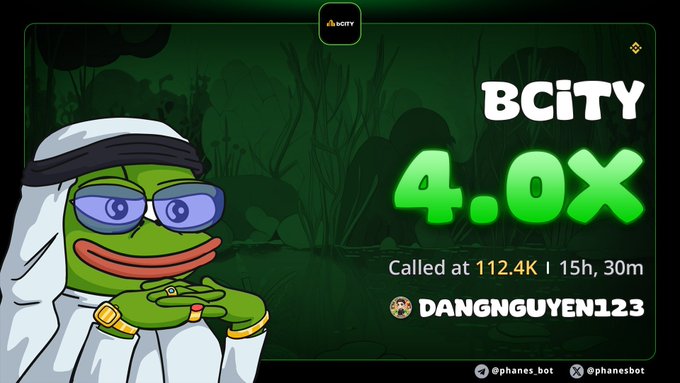 A promotional graphic for a memecoin 'BCITY' showing a 4.0x multiplier called at 112.4K with 15h 30m remaining, credited to 'DANGNGUYEN123' via phanes.bot.