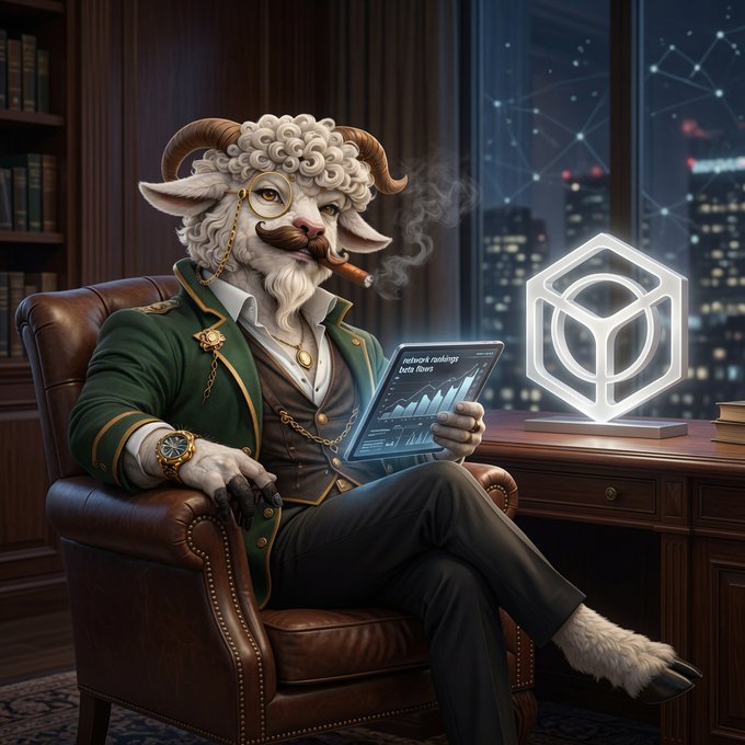 Digital artwork of an anthropomorphic sheep in dapper attire sitting in a leather chair, holding a tablet, with a glowing logo beside it.