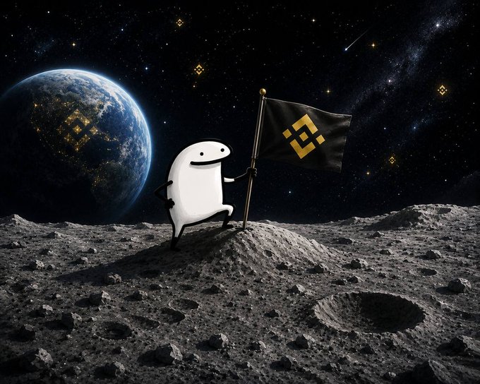 A digital illustration of a white ghost-like mascot planting a Binance (BNB) flag on the moon's surface, with Earth visible in the background and a starry galaxy sky.