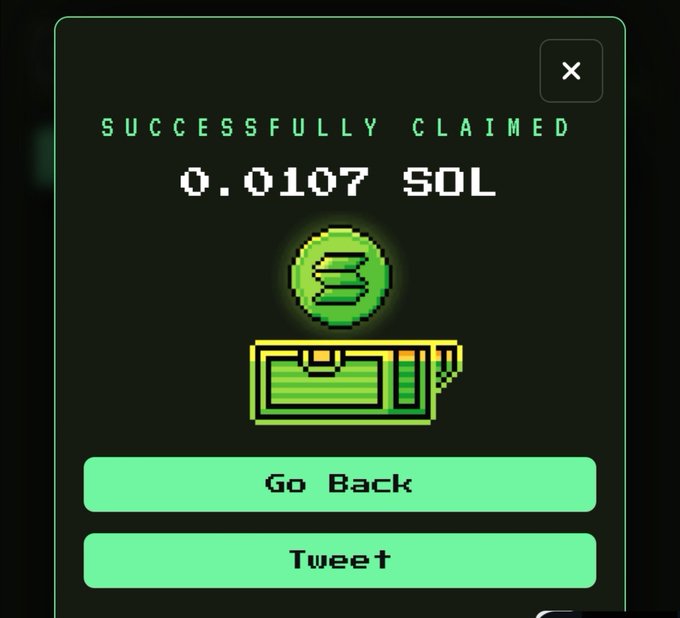 A green pixel-art style confirmation screen reading 'SUCCESSFULLY CLAIMED 0.0107 SOL' with a Solana logo and options to 'Go Back' or 'Tweet'.