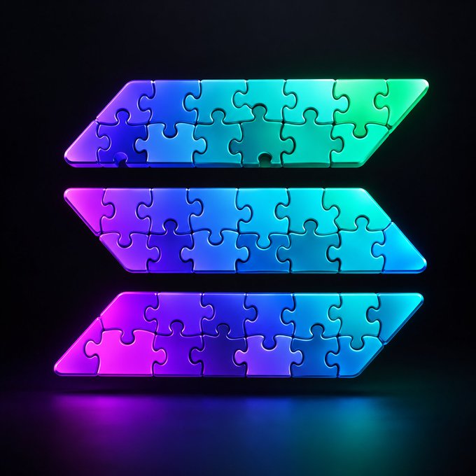 A 3D-rendered Solana logo made of interlocking puzzle pieces, glowing with a vibrant gradient of purple, blue, and green against a dark background.