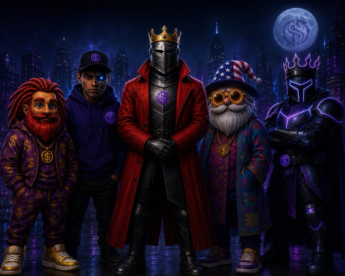 Stylized group illustration of diverse crypto-themed characters (a figure with dreadlocks, a hoodie-wearing hacker, a crowned knight, a gnome with an American-flag hat, and a futuristic purple warrior) standing before a cityscape with a dollar sign moon.