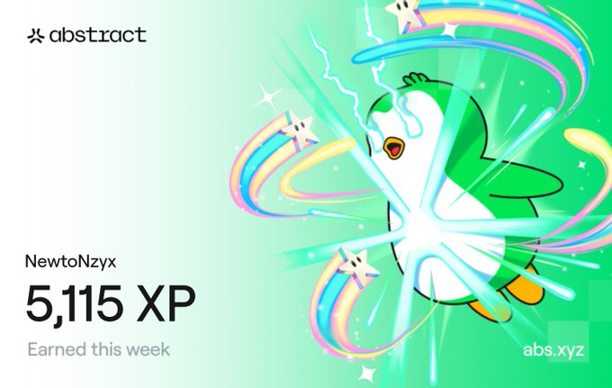 A vibrant graphic from Abstract featuring the bird mascot surrounded by colorful rainbow swirls and stars, showing the username 'NewtoNzyx' with '5,115 XP' earned this week.