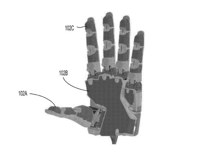 A grayscale patent illustration of an electronic glove device with labeled components 102A (thumb), 102B (palm), and 102C (fingers), showing the structural layout of the wearable technology.