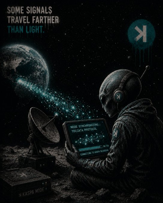 The image features a man sitting on a rock, holding a tablet computer while wearing headphones. He appears to be engaged with an electronic device or possibly a video game. The background of the image shows a planet, suggesting that this scene takes place in outer space. The caption "Some signals travel further than light" is written above the man and his tablet, which could be interpreted as a reference to the vast distances between celestial bodies.