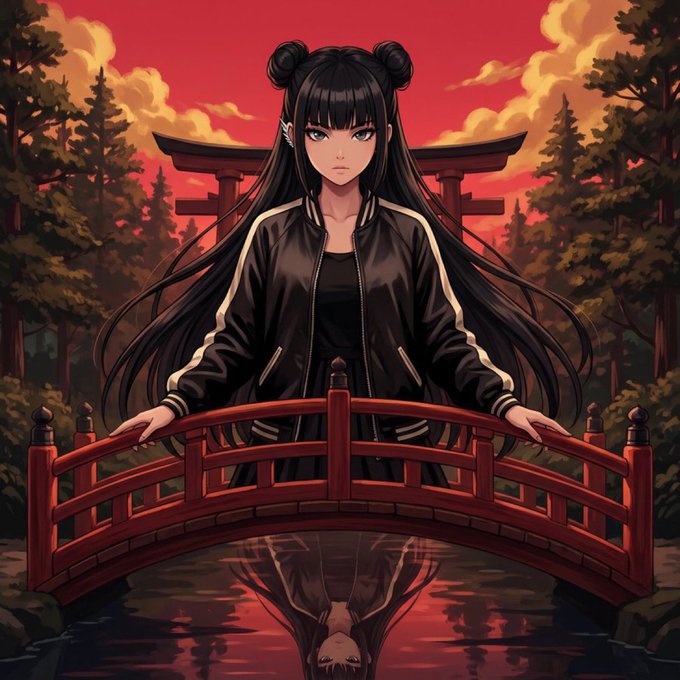 An anime-style illustration of a girl with long black hair in twin buns, wearing a black tracksuit, standing on a red arched bridge with a torii gate and red sky in the background, with her reflection visible in the water below.