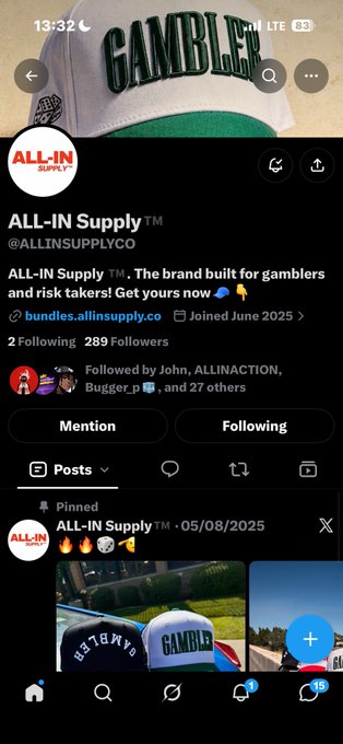 Twitter profile for ALL-IN Supply™ (@ALLINSUPPLYCO), a gambling-themed merchandise brand, featuring a green 'GAMBLER' hat as the banner and 289 followers.