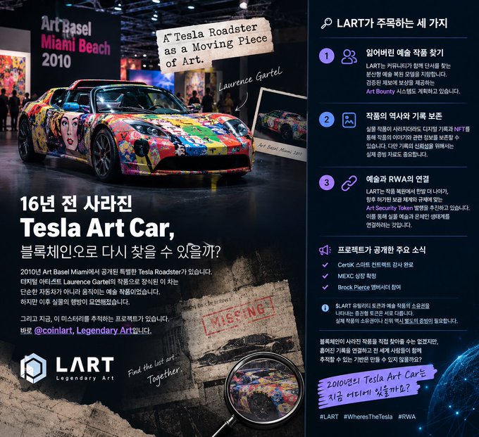 A Korean promotional poster for LART Legendary Art featuring the 16-year-old “Tesla Art Car,” showing a colorfully painted Tesla Roadster at Art Basel Miami Beach 2010. Readable text includes “Art Basel Miami Beach 2010,” “A Tesla Roadster as a Moving Piece of Art.,” “16년 전 사라진 Tesla Art Car,” and LART’s numbered service process.