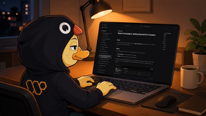 The image features a cartoon duck wearing a hoodie, sitting at a desk with a laptop computer open in front of them. The duck appears to be typing or browsing content on the screen while wearing its unique outfit. The caption reads "@wallchain is an interesting concept that can revolutionize how creators engage with content". This suggests that the image is promoting @wallchain and its potential impact on the creative industry, as it encourages users to think about how they can enhance their own digital experiences by utilizing this innovative platform for content creation and consumption.