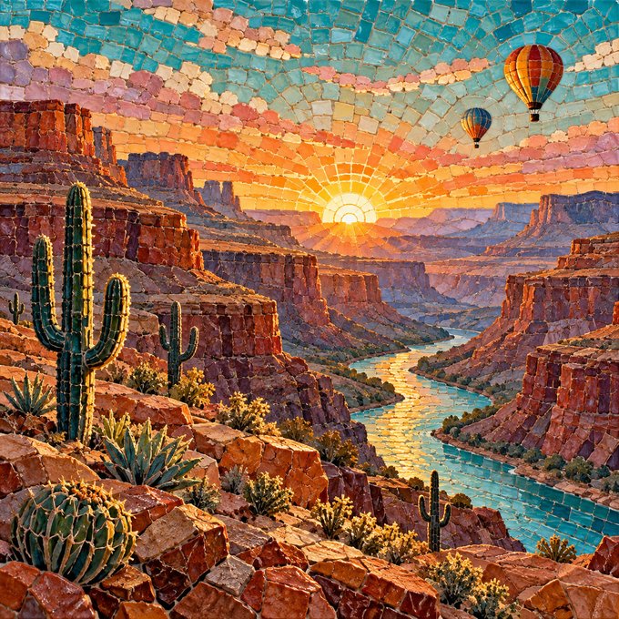 Colorful mosaic-style artwork of a canyon landscape with a river, cacti, hot air balloons, and a vibrant sunset.