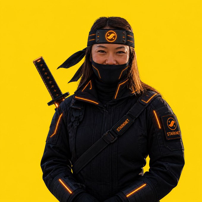 The image features a woman dressed as a ninja, wearing a black jacket with orange accents and a black headband that matches her outfit. She holds a sword in one hand and a shield in the other, giving off an aura of strength and readiness. The background is a bright yellow color, which contrasts with the dark elements of the image, making it stand out even more. The caption "Serving ancestors proud" suggests that this character might be inspired by historical or cultural themes related to honor and tradition.