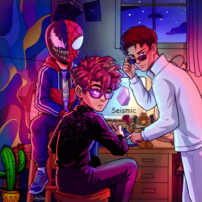An anime-style illustration labeled 'Seismic' featuring three characters in a neon-lit room, including one wearing a Carnage symbiote mask.