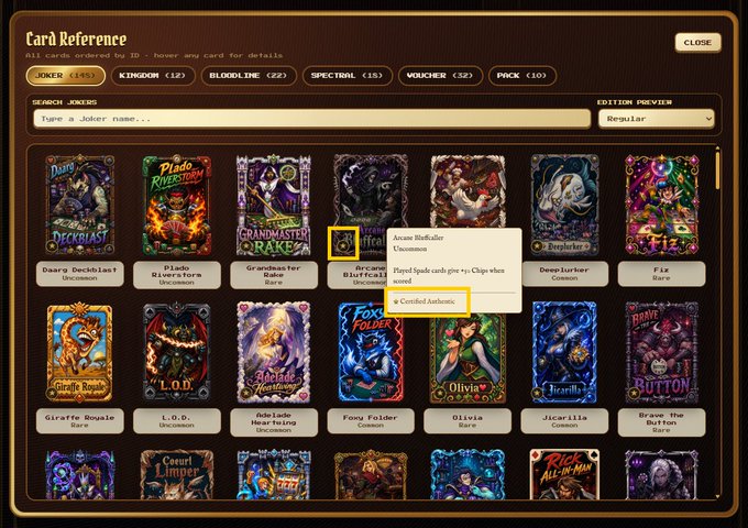 The image shows a computer screen displaying a page from a website called "Hive Reference", which has a list of various books available for purchase. The book titles are displayed in different colors, making them visually appealing. A player's name can be seen on the left side of the screen, and there is an option to log in with Hive. Additionally, there is a badge that reads "Certified Authentic" next to a joker card, indicating that the card has been confirmed as authentic by the website. The image also contains text that says "Focus on what is in the image and how it relates to the post".