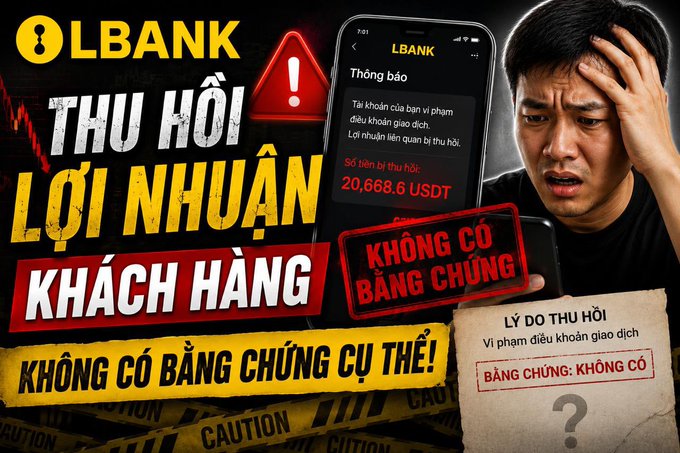A Vietnamese advertisement or news graphic about LBANK claiming to recall customer profits (Thu Hồi Lợi Nhuận Khách Hàng) of 20,668.6 USDT without evidence (Không Có Bằng Chứng Cụ Thể).