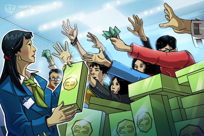 A Cointelegraph illustration depicting people excitedly reaching for green boxes and cash from an airline worker, suggesting demand for crypto or tokenized rewards.