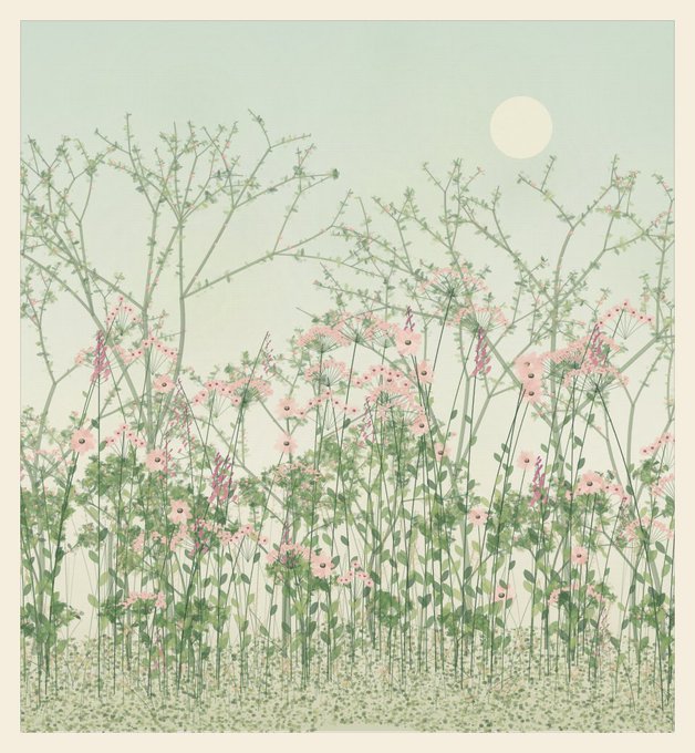 A delicate illustration of pink wildflowers and tall green stems set against a pale blue sky with a soft white sun or moon.