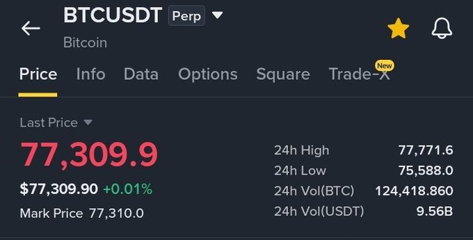 A price display for the BTCUSDT perpetual futures contract showing a last price of 77,309.9, with a 24h high of 77,771.6 and 24h low of 75,588.0.