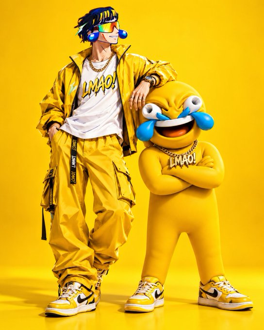 3D rendered illustration of a stylish anime-inspired character in yellow streetwear and sunglasses posing next to a yellow cartoon creature on a yellow background.
