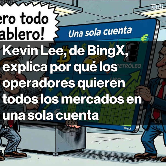 A BingX promotional graphic featuring a cartoon scene of men holding a trading dashboard with the text 'Una sola cuenta' and Spanish headline 'Kevin Lee, de BingX, explica por qué los operadores quieren todos los mercados en una sola cuenta'.