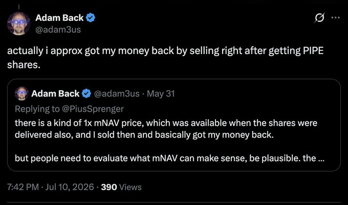 The image shows a tweet from Adam Back (@adam3us) discussing how he recovered his investment by selling PIPE shares shortly after receiving them, followed by a quoted reply from May 31 mentioning selling at 1x mNAV price. The post's claim about "Andy Back dumping on $NAKA holders" aligns with the tweet's content of Back selling shares immediately after acquiring them, suggesting holders bore the consequences of his quick exit.