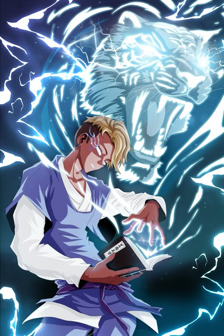 An anime-style illustration of a young man with blonde and dark hair, holding an open book labeled with Japanese characters, as a glowing white tiger spirit emerges from blue electrical energy behind him.