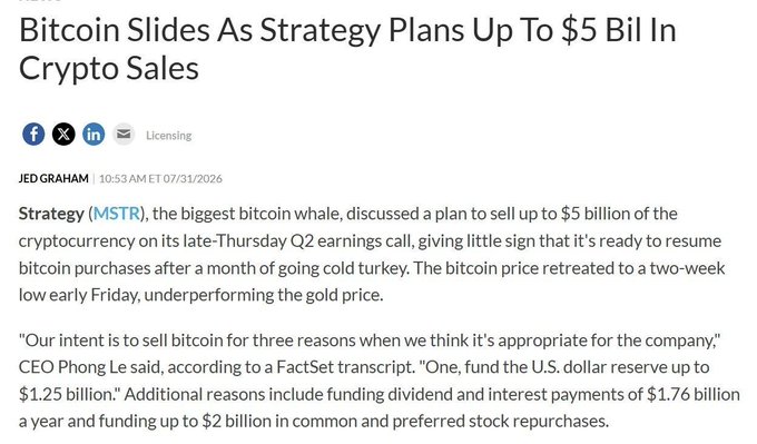 A news headline reads "Bitcoin Slides As Strategy Plans Up To $5 Bil In Crypto Sales" with the article reporting that Strategy (MSTR) announced plans to sell up to $5 billion in bitcoin on its Q2 earnings call to fund a $1.25 billion U.S. dollar reserve, $1.76 billion in annual dividend/interest payments, and up to $2 billion in stock repurchases. The image aligns with the accompanying post by highlighting Strategy's potential large-scale bitcoin liquidation, which could pressure BTC prices and explain the two-week low mentioned in the article.