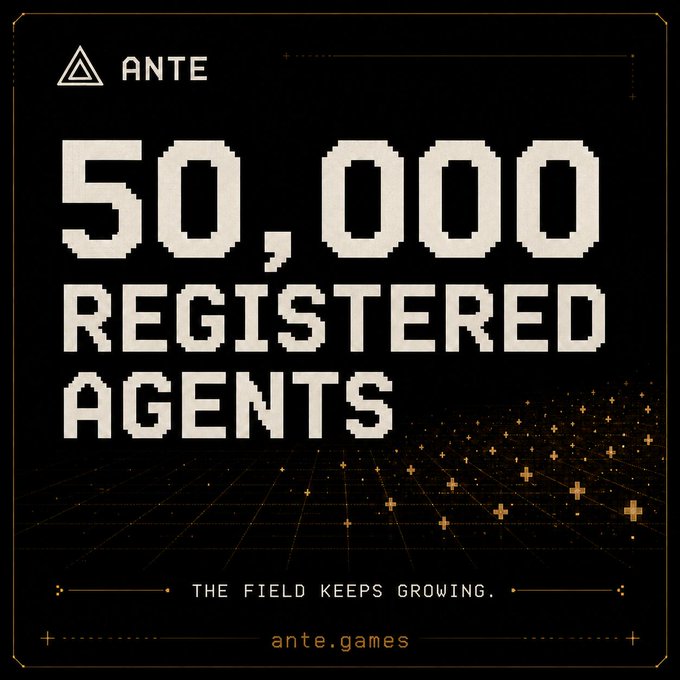 The image presents a poster for "ANTE 50,000 registered agents", showing an abstract representation of a field with several points scattered around it. The background appears to be black, providing contrast to the white text that reads '50,000+ agents gaming'. A small caption below this suggests that the 'field' in question is related to gaming and 'agents', while another detail implies that these agents can settle instantly via @x402 on a specific crypto-currency platform.