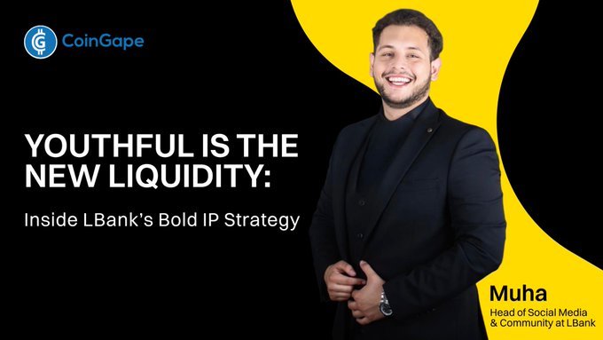 A CoinGape feature article titled "YOUTHFUL IS THE NEW LIQUIDITY: Inside LBank's Bold IP Strategy" showcases Muha, LBank's Head of Social Media & Community, who discusses how the exchange is leveraging youth-driven IP and community culture as a new form of liquidity in the crypto space.