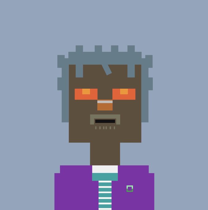 A pixel art portrait depicts a figure with dark skin, grey dreadlocks, glowing orange eyes, and a purple jacket over a striped shirt against a solid light blue background.