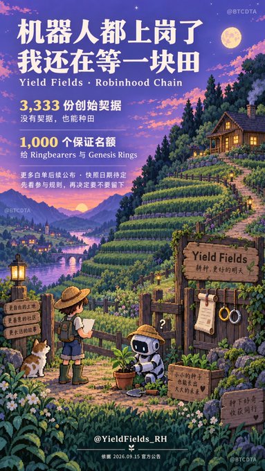 A promotional poster for the on-chain farming game "Yield Fields" (YieldFields_RH) features a young farmer and a robot planting together in a moonlit vineyard, advertising 3,333 genesis contracts with 1,000 guarantees of "Ringneerers" and "Genesis Rings." The image ties to the caption's theme of AI and machines handling labor so humans can relax, visually depicting the collaboration between humans and robots in future farming.