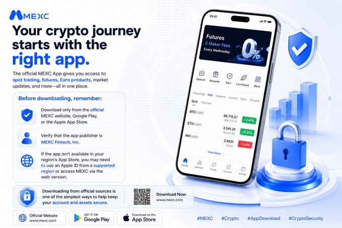 A promotional graphic for the MEXC crypto app with the tagline 'Your crypto journey starts with the right app,' showing a smartphone displaying crypto trading interfaces and a security padlock.