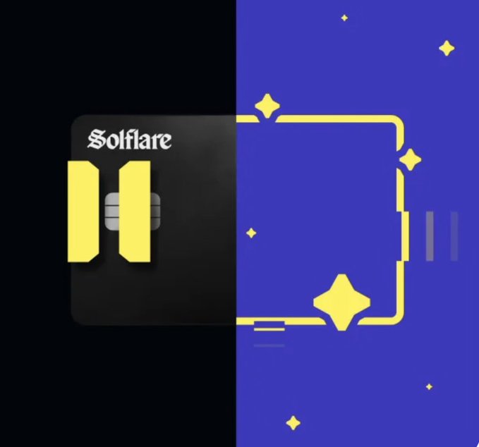 The image shows a split-background promotional graphic featuring the "Solflare" logo (a black app icon with yellow wallet imagery on the left, and a stylized yellow wallet outline on a blue background with sparkles on the right), illustrating Solflare's self-custodial wallet message about card service being temporarily offline while funds remain securely in users' control.