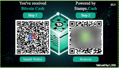 A promotional graphic from 'Vaticapital Sep 1, 2026' offering Bitcoin Cash and Stamps .Cash, showing QR codes and instructions for 'Install Wallet' and 'Redeem'.