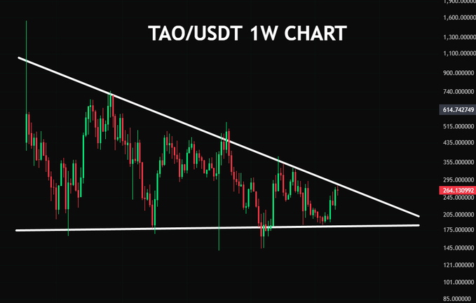 A weekly TAO/USDT chart displays the cryptocurrency trading at $264.13 within a descending triangle pattern, with price action pressing against the upper trendline resistance around $380, suggesting an imminent breakout.