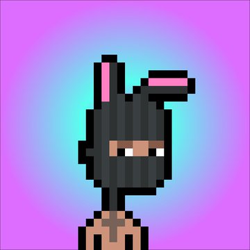 A pixel art character wearing a black bunny mask with pink ears is displayed against a gradient cyan and pink background.