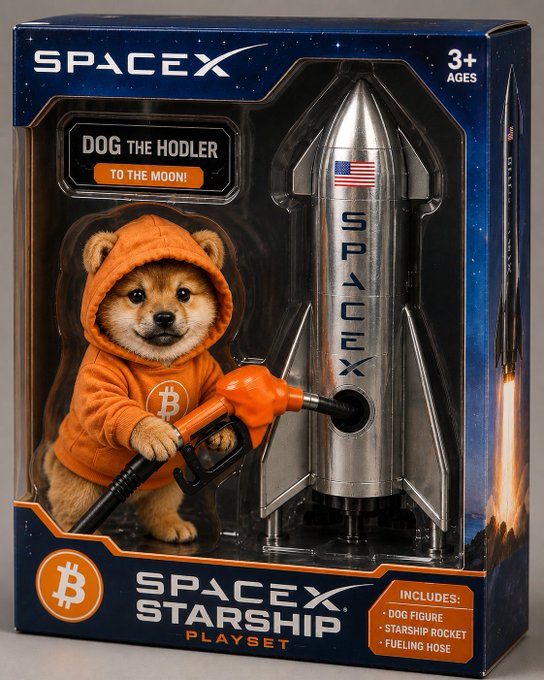 The image features a small dog wearing an orange hoodie, holding a fuel nozzle that says "dog thehodler" on it. The dog appears to be standing next to a toy rocket ship with the words "SPCX" written on it. The background of the image is blurred and does not provide any additional information about the post or its content.